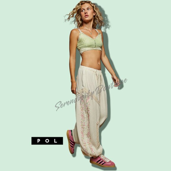 NWOT POL Cream Wide Leg Pants with Pink Embroidery - Picture 9 of 9